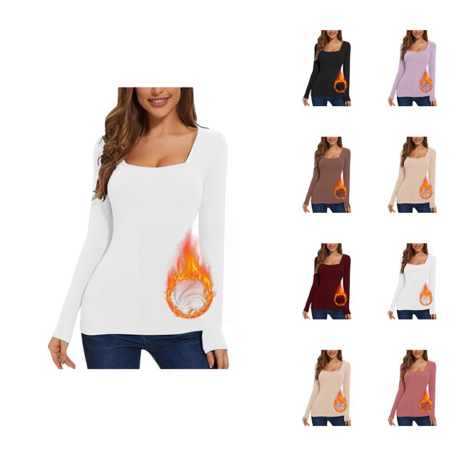 Womens Long Sleeve Tops 2026 Fall Winter Basic Square Neck Fitted Breathable Undershirt T Shirt