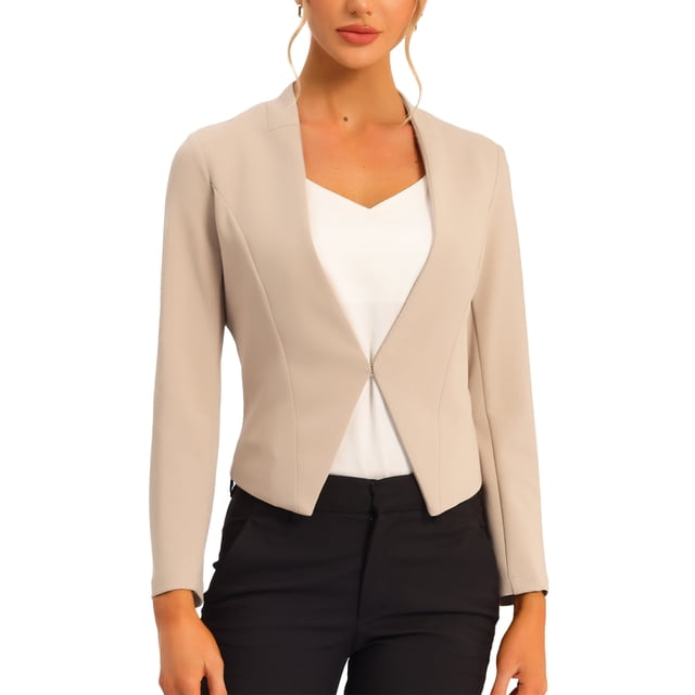 INSPIRE CHIC Blazer de Travail de Bureau pour Femme Sans Col Veste de Complet d'Affaires Décontractée Blazer Court P Camel