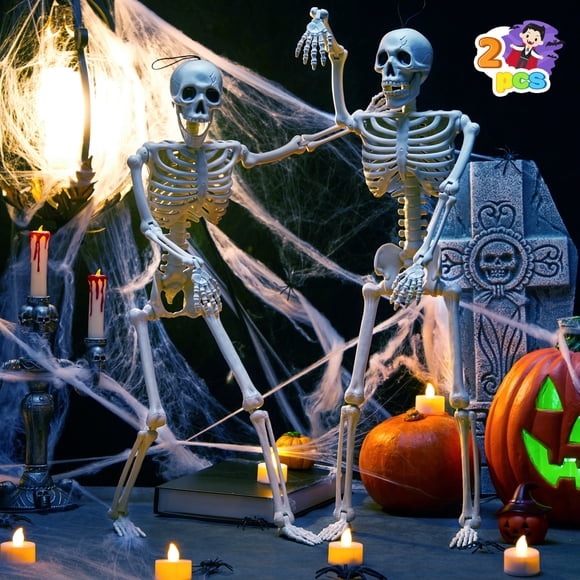 Joyfy 2 Pcs Halloween Skeleton Decor,2 FT (61 cm) Posable Skeleton Halloween Prop for Haunted House Indoor Outdoor Decoration Spooky Decor,Full Body with Movable Joints for Halloween Decoration