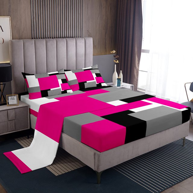 Erosebridal Chic Abstract Sheet Set Queen, Hot Pink Bedding Sets Queen Size, Rectangle Geometry Decor 4-Piece
