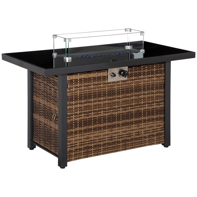 Outsunny Propane Fire Pit Table de Feu Extérieur de 43 Pouces en Brun, avec une base en Rotin PE avec un Dessus en Verre Noir et un Brûleur de 50 000 BTU Certifié CSA. Comprend un Couvercle en Verre, des Pierres en Verre Bleues pour l'Ambiance et une Porte Latérale pour le Rangement du Réservoir de Propane. Équipé d'Un Système d'Allumage Électrique et des Réglages de Flamme Ajustables, Idéal pour les patios, Terrasses Ou Cours Arrière. Utilisé Souvent pour les Rassemblements Extérieurs Lors de Soirées Plus Fraîches.