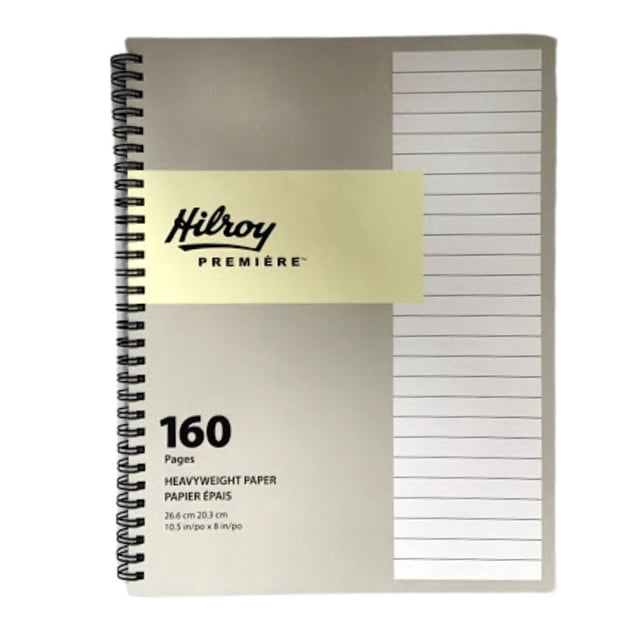Hilroy Premiere Soft Touch Notebook with grey soft touch cover and twin coil binding, containing 160 heavyweight pages sized 26.6 by 20.3 cm (10.5 by 8 inches), featuring a lined white label panel on the right side for notes or titles.