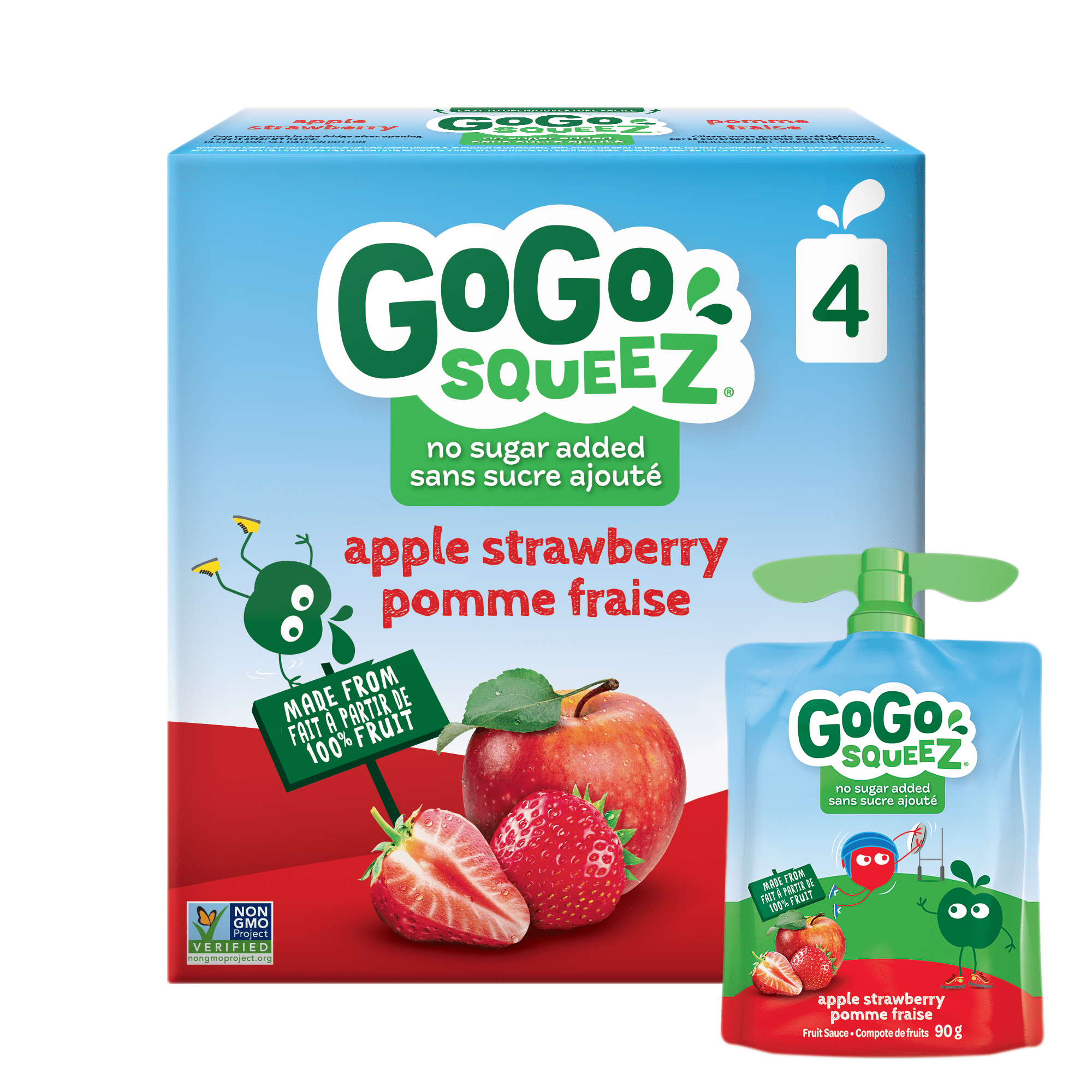GoGo squeeZ Compote de Fruits, Pomme Fraise, Sans Sucre Ajouté. 90g par Sachet, 4 Sachets