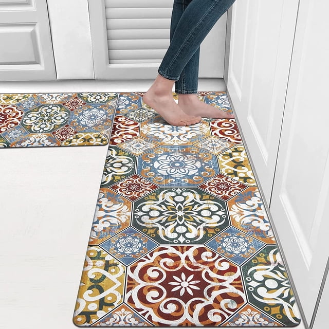 MeyJey Kitchen Rug Set of 2, Anti Fatigue Kitchen Mat 2 Pieces, Non Skid Waterproof Cushioned Boho Floor Mat and Runner Rug, 17"x28"+17"x48", Colorful