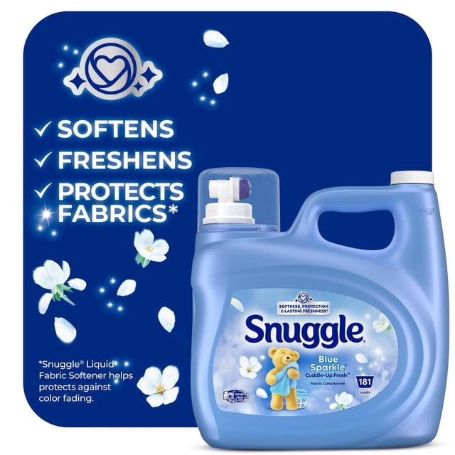 Snuggle Blue Sparkle Cuddle-Up Fresh Liquid Fabric Conditioner, 181 Loads, 3.64 Litres, in a blue jug with handle and clear measuring cap, featuring the Snuggle bear and white floral accents on the label. This fabric softener softens fibers, freshens laundry with a clean floral and citrus scent, and helps protect fabrics from color fading.