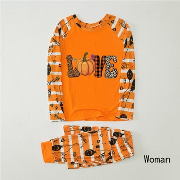 EQWLJWE Pyjamas Assortis d'Halloween pour la Famille, Imprimé de Lettres « Happy Love », Imprimé de Citrouille à Rayures, Manches Longues, Col Rond, Tenue de Nuit d'Halloween, Ensemble de Pyjama Familial, Ensemble de Détente, Ensemble Deux Pièces pour Enfant, Pyjamas d'Halloween