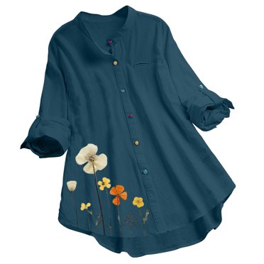 RKSTN Été Tops pour Femmes Col à Revers Couleur Unie Imprimé Floral Boutons Blouses Chemise Décontractée Ample Grande Taille Manches Longues Polyvalent Tops avec Poches