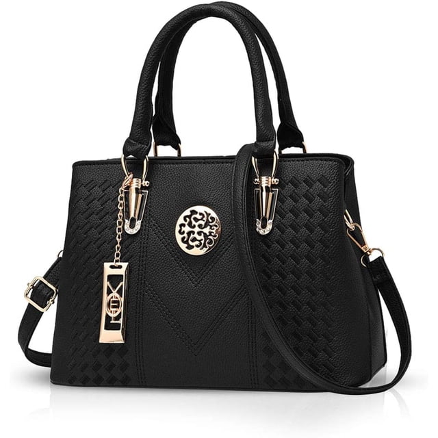 Sacs à Main pour Femmes Sacs à Main Poignées Supérieures Sacs d'Épaule Sacs Bandoulière Sacs à Main Classiques par Femmes Noir. un Sac à Main en Cuir Synthétique Noir à texture Douce et Finition Soignée, Présentant un design Classique avec Quincaillerie Ton Or, accents Décoratifs, et une Bandoulière Amovible et Ajustable. le Sac Mesure 30 cm de Longueur, 13,5 cm de Largeur et 23 cm de Hauteur, Offrant une Capacité Suffisante pour les Essentiels du Quotidien comme les Cosmétiques et les Petits Articles. Convient aux occasions Formelles et Décontractées.