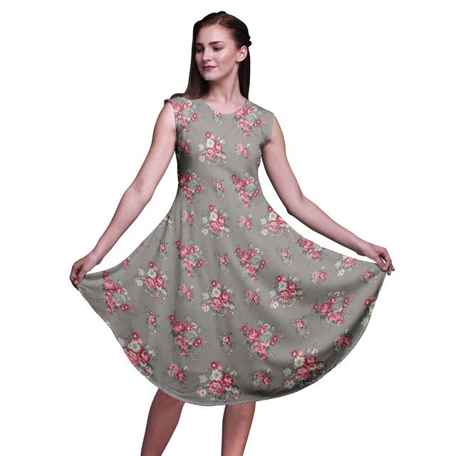 Bimba Robe d'Été Sans Manches à Col Rond pour Femmes, Imprimée de Feuilles Grises et de Bégonias, Tenue Décontractée - Très Petit