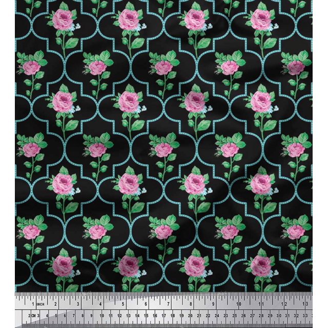 Soimoi Tissu Popeline de Coton Design Quatrefoil, Feuilles & Roses Imprimé Floral 1 Yard 42 Pouces de Large