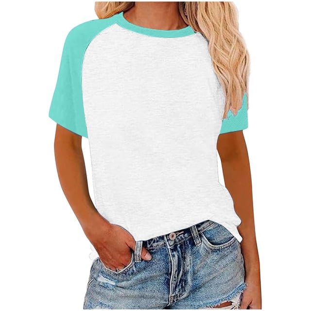 Womens Summer Raglan T-Shirts Color Block Plus Size Baseball Tees Casual Short Sleeve Loose Pullover Mint Green, M