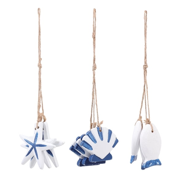 3Pcs Mediterranean Style Hangings Wood Fish Hanging With Jute Rope Scallop Pendants