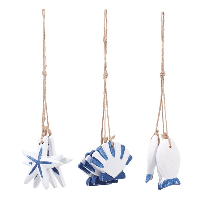3Pcs Mediterranean Style Hangings Wood Fish Hanging With Jute Rope Scallop Pendants