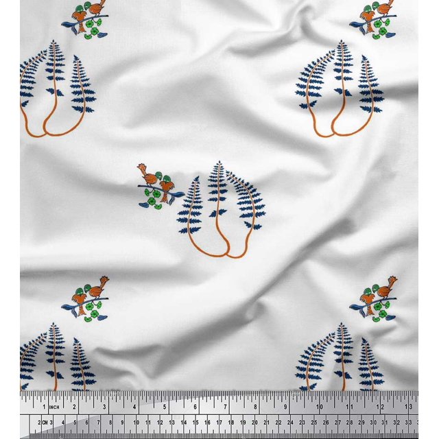 Soimoi Poly Georgette Fabric Leaves,Bird & Floral Block Decor Fabric Printed Yard 42 Inch Wide