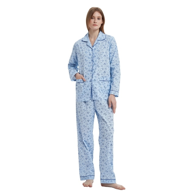GLOBAL Ensemble de Pyjama 100 % Coton pour Femmes Conçu pour le Sommeil des Femmes, Présentant un design Deux Pièces avec un Haut à Manches Longues Boutonné et un Pantalon à Cordon Assorti. le Tissu Bleu Pâle Est Orné d'Un Délicat Motif floral et Accentué d'Un Passepoil Foncé sur les Bords. Fabriqué en Coton Respirant, Ce Vêtement de Nuit Est Idéal pour le Printemps et l'Été à la Maison, Offrant du Confort sous Divers Climats.