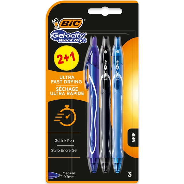 BIC Gel-ocity Stylos à Bille Roulante, 0,7 mm, Couleurs d'Encre Assorties, Lot de 3
