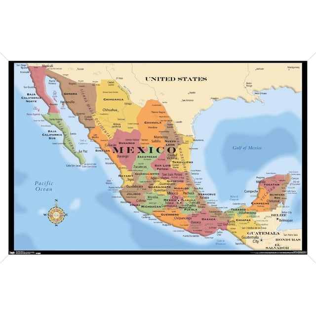 Carte - Affiche Murale du Mexique, 22,375 Pouces x 34 Pouces Encadrée Montrant une Carte Politique Détaillée avec des États Mexicains Codés par Couleur, des Villes Étiquetées et des Frontières avec les États-Unis, le Guatemala et le Belize. l'Affiche Encadrée Noire Comprend l'Océan Pacifique, le Golfe du Mexique et une rose des Boussoles, Idéale pour la Décoration Murale de la Maison Ou du Bureau.