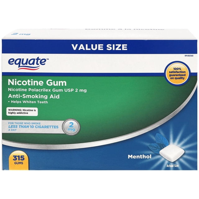 Equate Nicotine Gum Menthol 2mg value size box with 315 sugar-free gums, an anti-smoking aid for smokers of less than 10 cigarettes a day, containing nicotine polacrilex gum USP 2 mg and helping whiten teeth, shown with a white gum piece and mint leaves on a blue and green background.