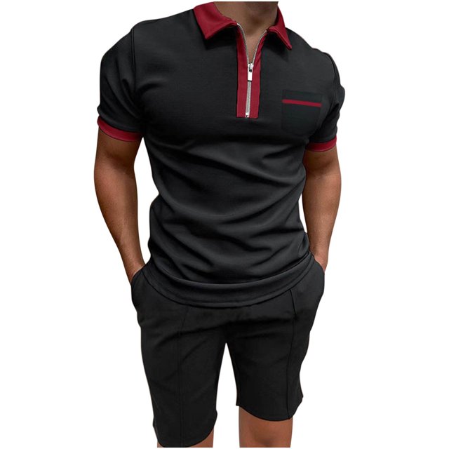 Birdeem Mens Solid Color Set Shirt Pockets Zip Neck Short Sleeve Top Shorts Casual Sports Two Piece Set