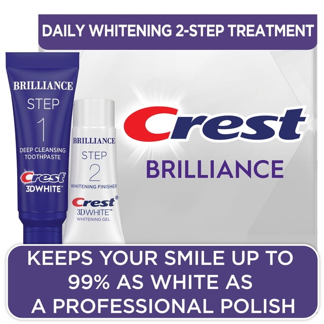 Crest 3D White Brilliance + Whitening Two-step Toothpaste Front-facing view of two tubes on a white background: Step 1 85 mL deep-cleansing toothpaste and Step 2 63 mL whitening gel, both with the Crest logo and blue label accents, showing a daily two-step system for cleaning and polishing teeth; often used as a mild polishing paste for jewelry or chrome trim in hobby projects.