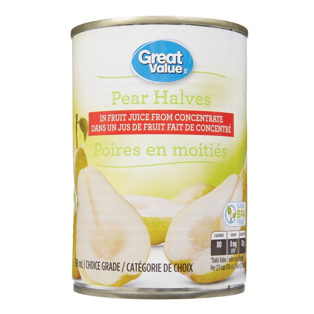 Great Value Pear Halves in Fruit Juice from Concentrate front-facing can label showing pear halves; canned pear halves packed in concentrated grape and/or pear juice, BPA-free can. Suggested uses: snack, fruit salad or dessert topping; often used to garnish oatmeal or yogurt.