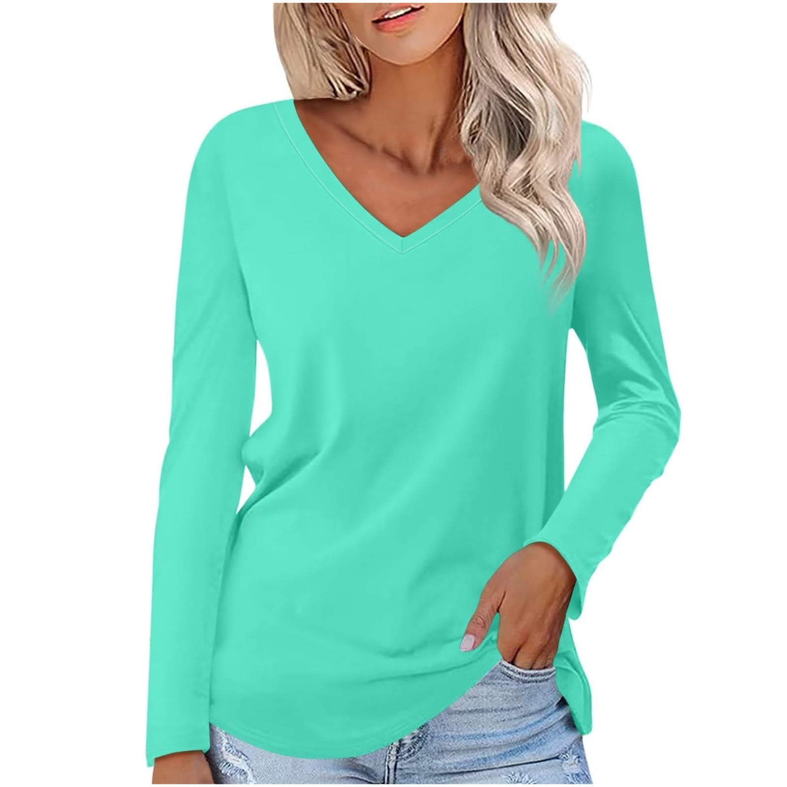 Timegard Hauts pour Femmes Col en V Manches Longues T-Shirt Basique Couleur Unie Blouse Confortable Tunique Décontractée d'Automne