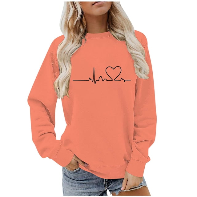 BLVB Chandail à Col Rond pour Femmes, Imprimé de Cœur, Manches Longues, Mignon, Coupe Ample, Léger, Hauts d'Automne, Cadeaux de la Saint-Valentin
