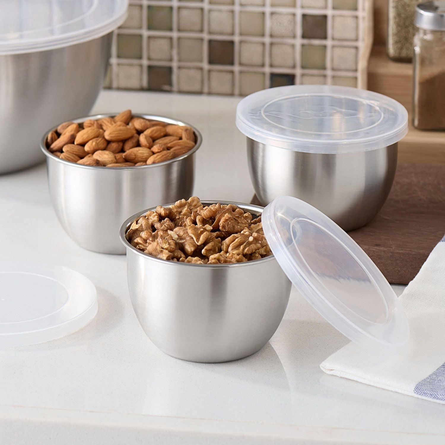 Bol de préparation à 2 tasses en acier inoxydable brossé Mainstays, 6 pièces avec couvercle, paquet de 3
