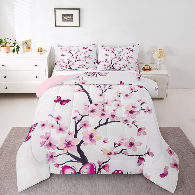 Erosebridal Ensembles de Literie Botanique Fleurs de Cerisier Simple avec Couette, Insert de Couette Papillon Rose pour Filles, Réversible 2 Pcs