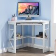 thumbnail image 1 of VECELO Corner Computer Desk with Keyboard Tray and Storage Shelf, Home Office Study Workstation Table , White, 1 of 7