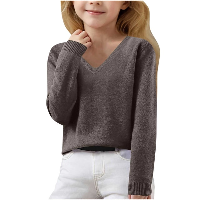 LOVZFMLL Sweaters for Girls, V-Neck Ribbed Pullover Classic Casual Solid Color, Cozy Soft Layering Top Fall Clothes Warm Winter Tops Kid Girls Clothes for 10-11 Years