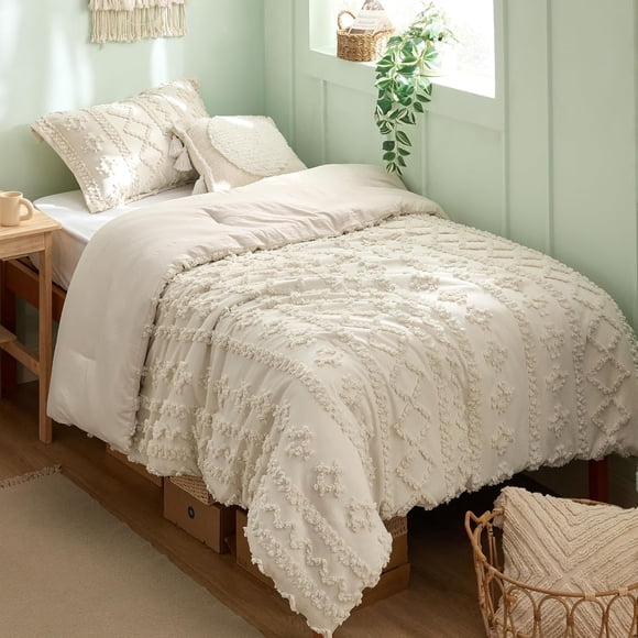 Tufted Boho Comforter Set Queen Size Boho Bed Set Pieces Farmhouse Shabby Chic Embroidery Bedding Gifts for Woman Soft Jacquard Queen Comforter for All Seasons