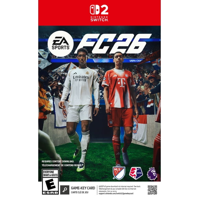 EA SPORTS FC 26 Nintendo Switch 2 game cover showing two soccer players walking through a stadium tunnel onto a green pitch; one in a white Real Madrid kit with Emirates Fly Better logo, the other in a red Bayern Munich kit with Telekom branding, surrounded by fans and club flags, with MLS, NWSL, and Premier League logos at the bottom.