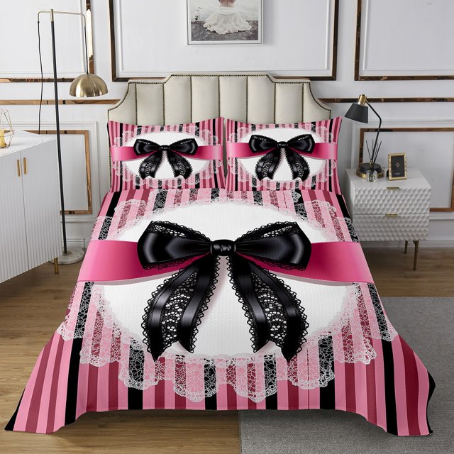 Erosebridal Lace Bow Coverlet Set Twin, Romantic Bowknot Bedding Set, Geometric Striped Decor 2pcs