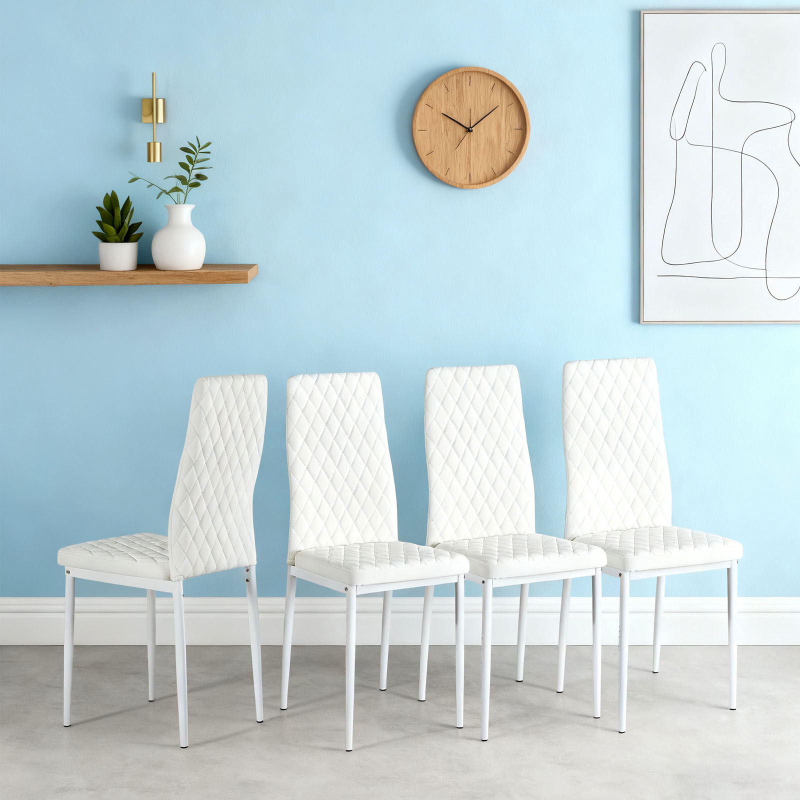 Noble House Ensemble de 4 Chaises de Salle à Manger Modernes, Revêtement en Cuir Ignifuge avec Motif à Carreaux en Diamant et Cadre en Métal, Blanc