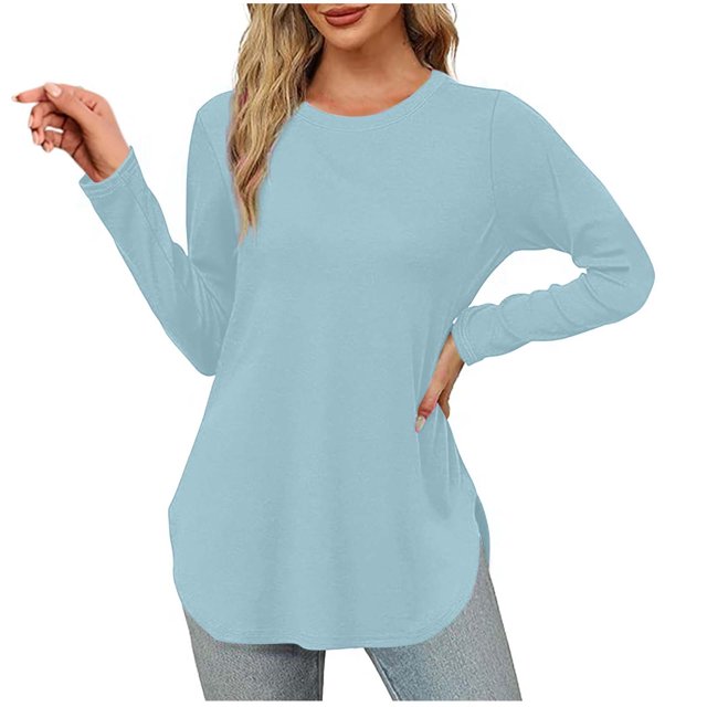 Yuyuzo Womens Tops Crew Neck Long Sleeve Side Split Solid Color Loose Casual Basic Fall Tunic Top