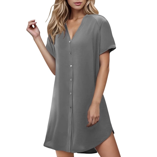 Amzcrzy Robes d'Été pour Femmes Couleur Unie Col en V Robes d'Été pour Femmes Décontractées à Boutons Manches Courtes Robe Chemise Tendance Ample Robe Courte