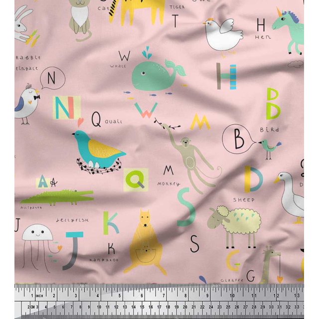 Soimoi Velvet Fabric Alphabets,Birds & Animals Kids Fabric Prints By Yard 58 Inch Wide