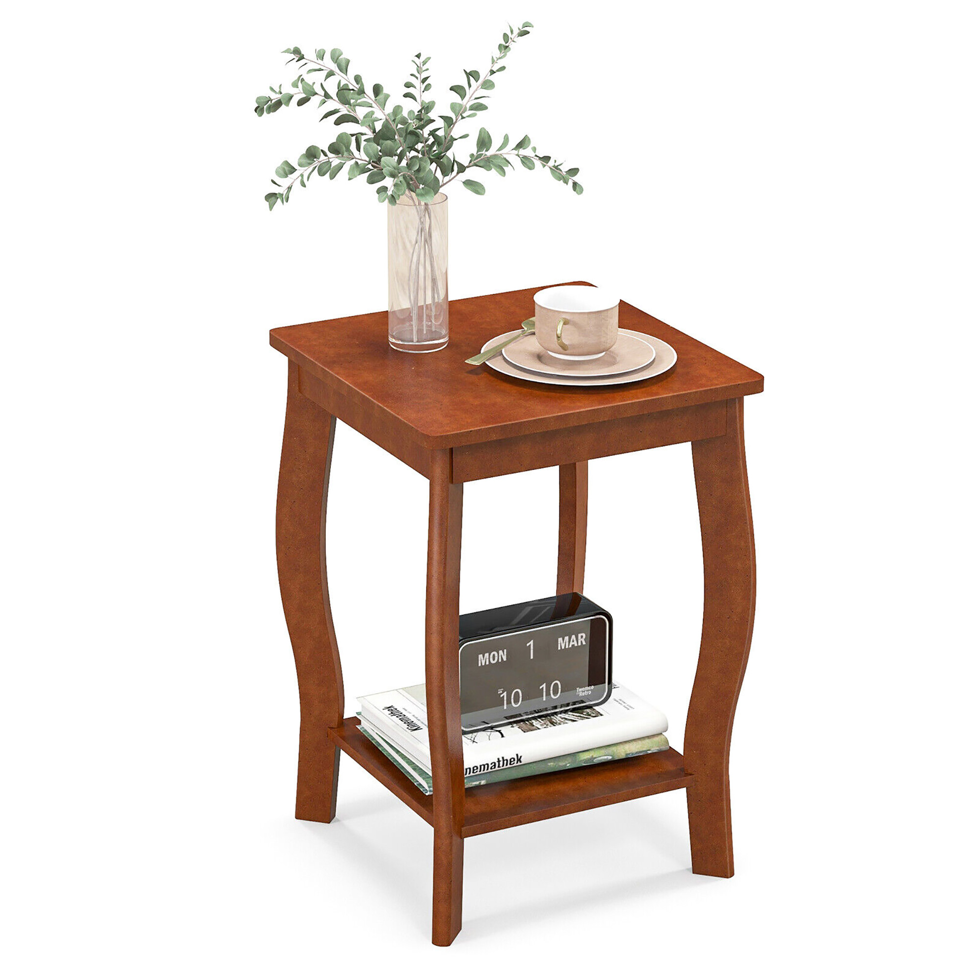 Gymax Table d'Appoint Carrée à 2 Niveaux, Table de Chevet Étroite avec Étagère de Rangement et Pieds en Bois
