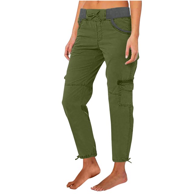 Jsaierl Womens Casual Loose Cargo Pants Elastic Waist Drawstring Plus Size Pants Comfy Adjustable Leg Opening Straight Leg Pants with Pockets