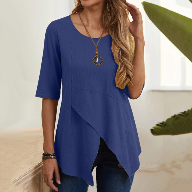 CHGBMOK Débardeurs Grande Taille pour Femmes Été Décontracté Col Rond Irrégulier Manches Courtes Chemise Ample Unie Col en V T-Shirt Femmes en Liquidation