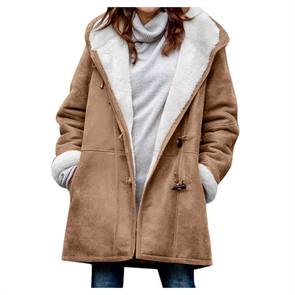 yardsong Long Fuzzy Duffle Coat Women Sherpa Lined Fleece Thicken Warm Notch Lapel Horn Button Toggle Winter Jacket Brown,XL