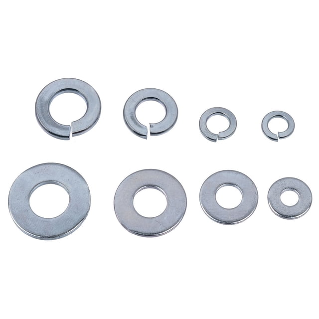 Hardware Essentials Ensemble Assorti de Rondelles en Zinc Comprenant Huit Rondelles Plaquées au Zinc sur Fond Blanc, avec Quatre Rondelles à Verrouillage Divisé sur le Dessus et Quatre Rondelles Plates en Dessous, Conçu pour Augmenter la surface de Charge sous les Fixations et Empêcher les Écrous Ou Boulons de Traverser les Matériaux.