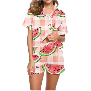 Jamicy Pyjama Mignon pour Femmes Mode Décontractée Imprimé Haut à Manches Courtes à Col à Revers avec Short Ample Confortable Ensemble de Pyjama pour la Maison