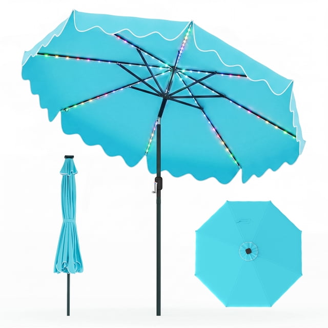 Gymax Parasol de Marché Extérieur Solaire pour Table avec 104 Lumières DEL Fluides à Changement de Couleur Turquoise