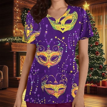 Frostluinai Scrubs for Women V Neck Short Sleeve Working Uniforms Mardi Gras Shirts for Women Fancy Mask Graphic Scrubs Shirts with Pocket
