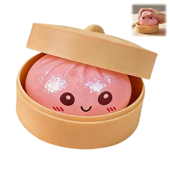 Gros Dumpling Pailleté à Écraser avec Boîte Vapeur, Balles Anti-Stress en Forme de Dumpling Fidget Sensorielles, Balle de Pâte à Presser Balles Anti-Stress pour les Mains, Boule de Dumplings Arc-en-Ciel Méga Super Douce