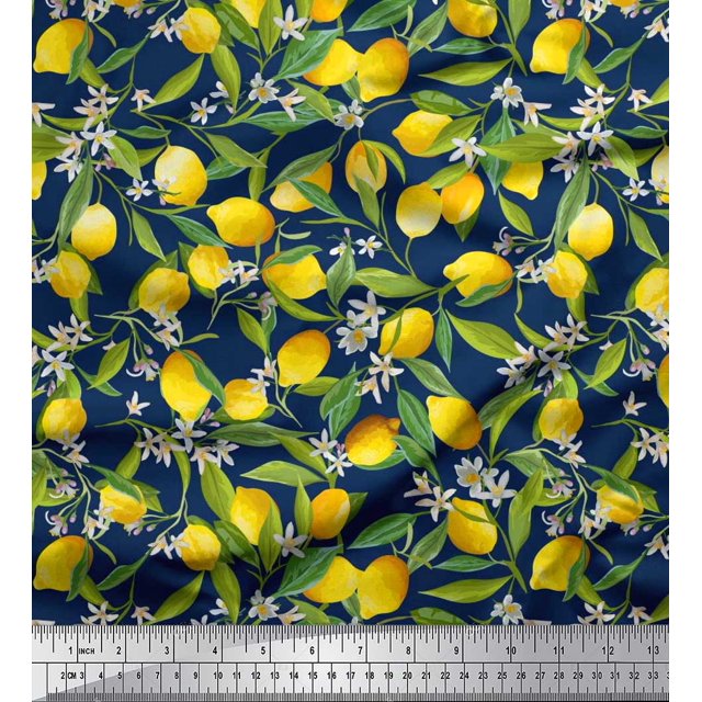 Soimoi Poly Georgette Fabric Leaves,Floral & Lemon Vegetable Decor Fabric Printed Yard 42 Inch Wide