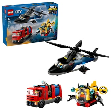 LEGO City Great Vehicles Ensemble hélicoptère, camion de pompiers et sous-marin 60462 Ensemble de construction (874 pièces)