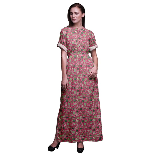 Bimba Rayon Cabbage Leaves Smocked Waist Printed Gown Maxi Side Slit LadiesDress-Large